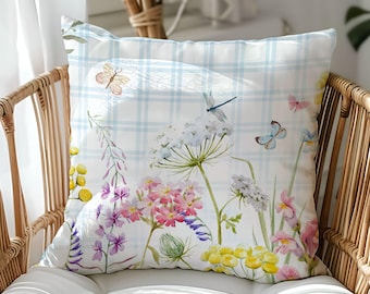 Kussensloop aquarel wilde bloemen: boerderijkussen blauw bloemen