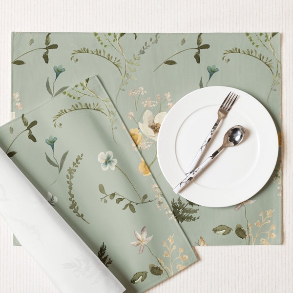 Watercolor Botanical Spring Placemats, Green Wildflower Placemats, Floral Placemat Set, Fabric Table Placemats, Spring Summer Decor