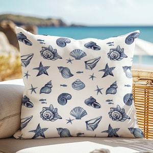 Watercolor Blue Seashell Pillow, Coastal Pillow Cover, Blue nautical pillows, Summer Pillows, Blue Pillow, Coastal Pillow, Nautical Pillows