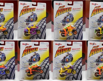 Lot 8 FLIP RIDER Motorcycle Motorized Friction Powered 1995 1996 Maisto #15025 Kawasaki Yamaha Racing Bikes Vintage
