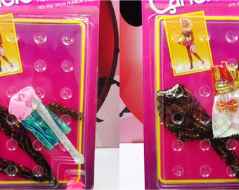 Lot 2 CANDIE Active Fashion Doll Clothes Outfit Set 80s Dress Stockings Shoes Disco Golden Pink Black Vintage