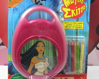 POCAHONTAS Kids Stationery Magic Drawing Kit with Disks and Color Pencils Sketches Greek 1995 Hasbro Disney MB Vintage