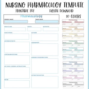 May include: Printable nursing pharmacology template with 10 different color options. The template includes sections for generic name, trade name, drug class, route, indications, actions, adverse effects, assessment, contraindications, nursing considerations, RX, food, and herbal interactions, notes, and patient education.