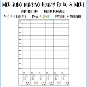 Printable Nursing Hourly To Do List, Med Surg Nurse Brain Sheet, Multiple Patient Medication Schedule Report Template PDF Digital Download