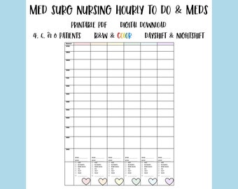 Med Surg Nurse Brain Sheet: Hourly To Do List (PDF Digital Download)