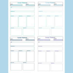 May include: Printable essay planner with four sections, each with fields for subject, topic, introduction, three paragraphs, conclusion, and references. The planner is designed to help students organize their essays.