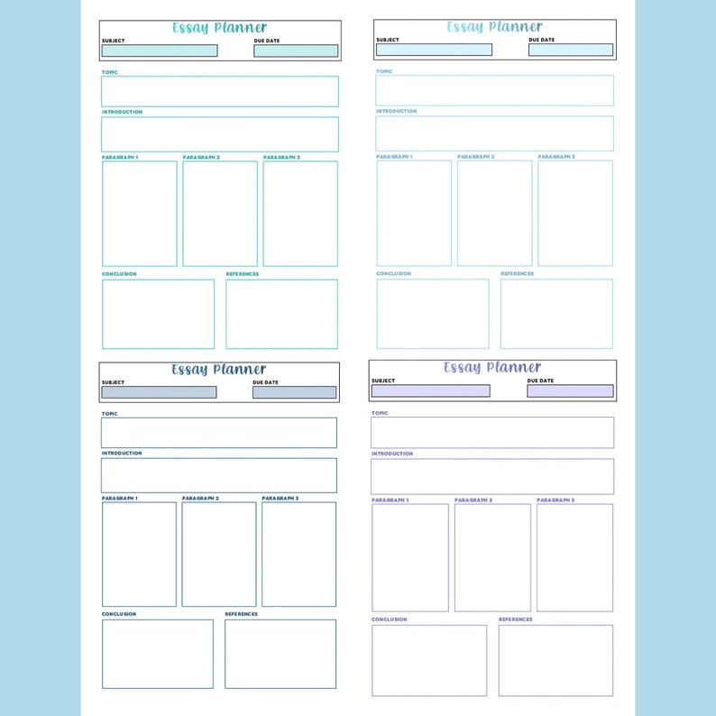 May include: Printable essay planner with four sections, each with fields for subject, topic, introduction, three paragraphs, conclusion, and references. The planner is designed to help students organize their essays.