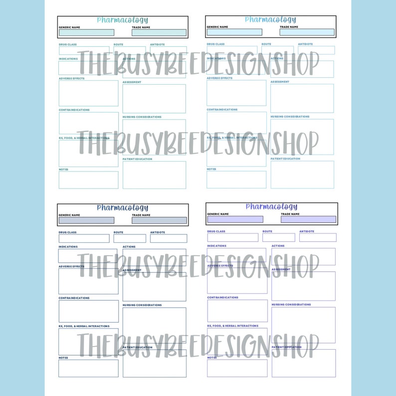 May include: A printable pharmacology study guide with four sections for recording drug information. Each section includes fields for generic name, trade name, drug class, route, actions, antidote, indications, adverse effects, assessment, contraindications, nursing considerations, food and herbal interactions, patient education, and notes.
