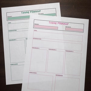 May include: Two blank essay planner templates with sections for subject, topic, introduction, paragraph 1, paragraph 2, paragraph 3, conclusion, and references. The top template has green accents and the bottom template has pink accents.