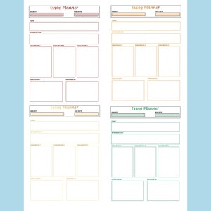 May include: Four printable essay planner templates with sections for subject, due date, topic, introduction, three paragraphs, conclusion, and references. The templates are in different colors: red, orange, yellow, and green.