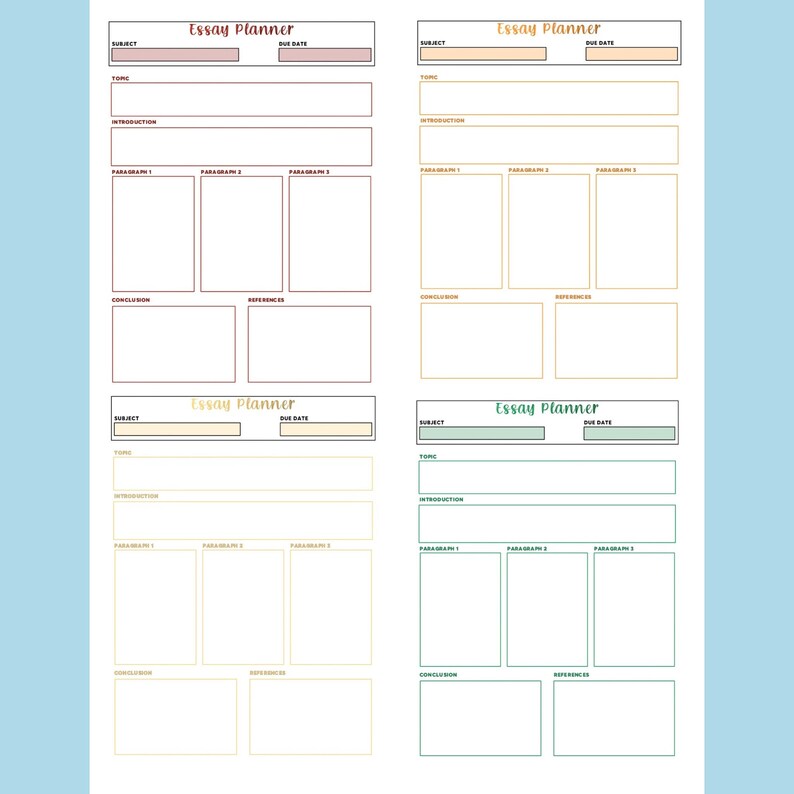 May include: Four printable essay planner templates with sections for subject, due date, topic, introduction, three paragraphs, conclusion, and references. The templates are in different colors: red, orange, yellow, and green.