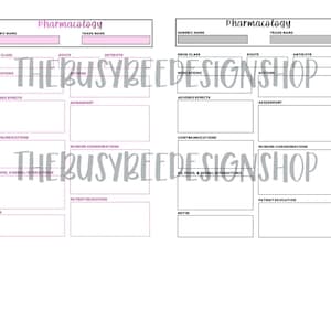 May include: A printable pharmacology study guide with sections for generic name, trade name, drug class, route, antidote, indications, adverse effects, assessment, contraindications, nursing considerations, food and herbal interactions, patient education, and notes.