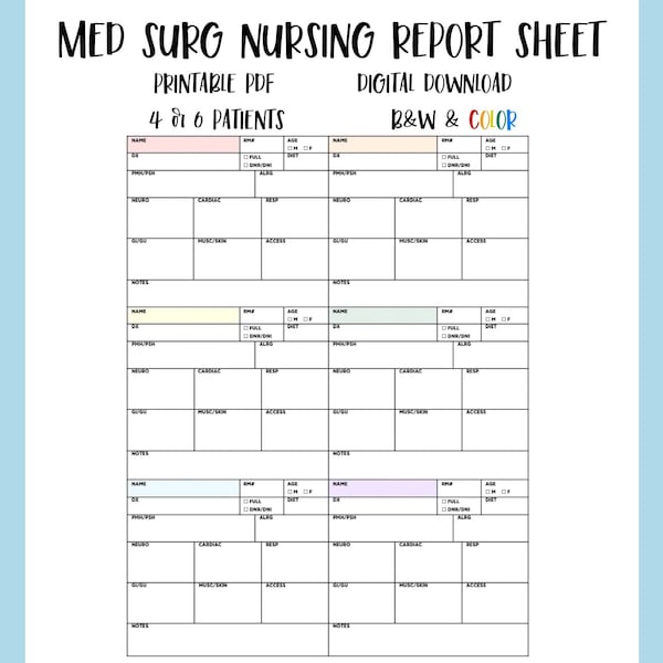 Med Surg Nurse Report Sheet: 4-6 Patienenübergabe Vorlage (Digitaler Download)