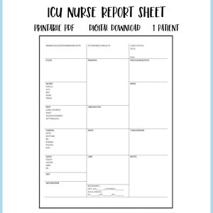 Printable ICU Nurse Report Sheet, Open Format Nurse Brain Sheet, 1 Patient Handoff Template PDF, Digital Download