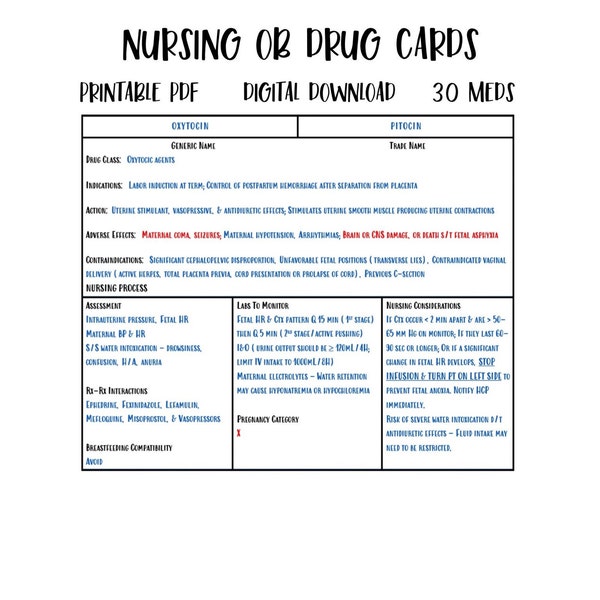 30 OB Nursing Pharmacology Drug Cards, Printable Blank Drug Card Template, Nursing Student Study Guide PDF, Digital Download