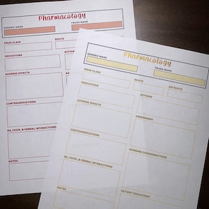 May include: Two blank pharmacology worksheets with headings for generic name, drug class, route, action, indications, adverse effects, contraindications, RX, food, and herbal interactions, notes, trade name, antidote, assessment, nursing considerations, and patient education.