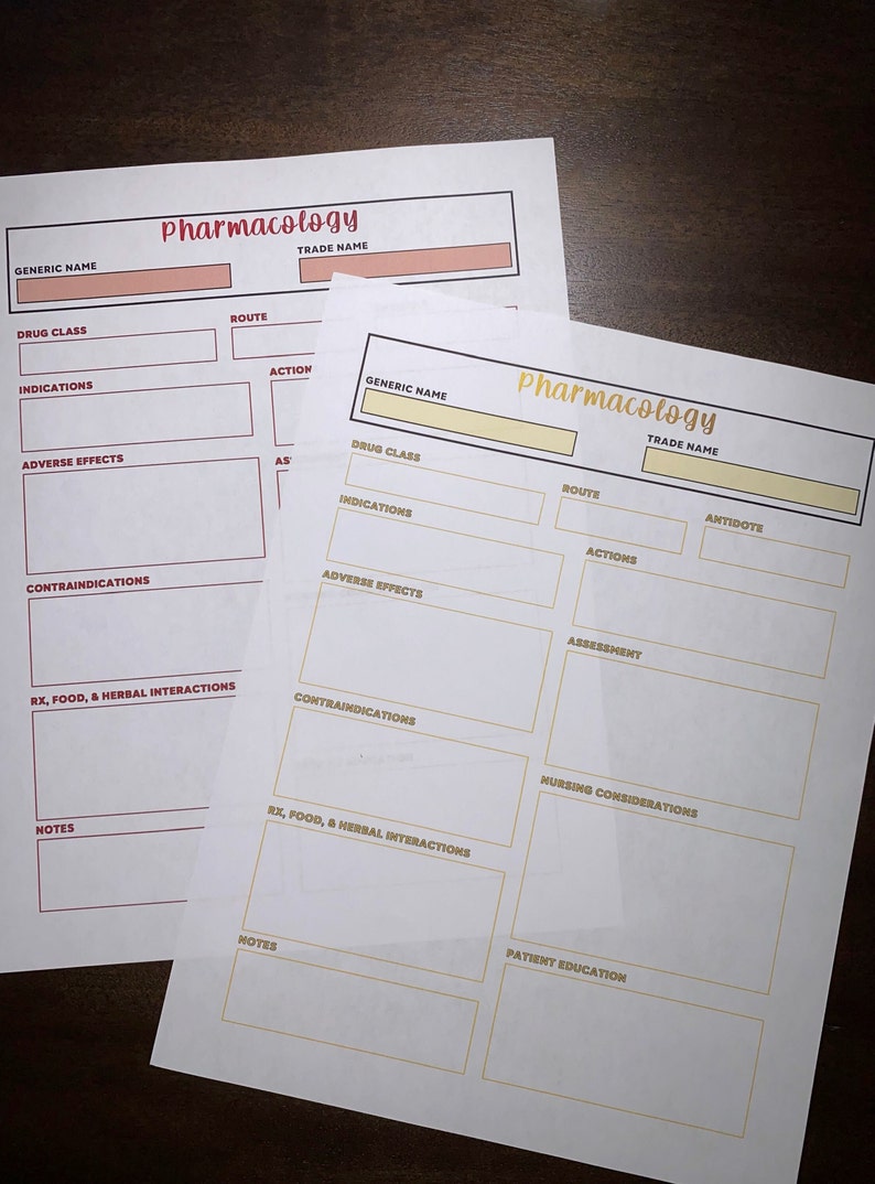 May include: Two blank pharmacology worksheets with headings for generic name, drug class, route, action, indications, adverse effects, contraindications, RX, food, and herbal interactions, notes, trade name, antidote, assessment, nursing considerations, and patient education.