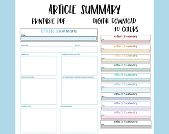 Printable Article Summary Template: College Research (PDF Digital Download)