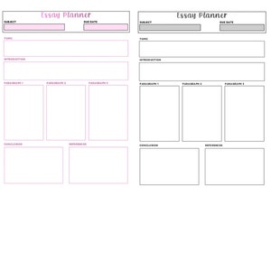 May include: A printable essay planner with two columns, each with sections for subject, due date, topic, introduction, three paragraphs, conclusion, and references.
