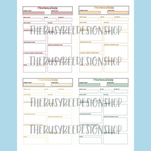 May include: Four printable pharmacology study sheets with sections for generic name, trade name, drug class, route, actions, adverse effects, contraindications, nursing considerations, food and herbal interactions, and patient education. The sheets are color-coded with red, orange, yellow, and green.