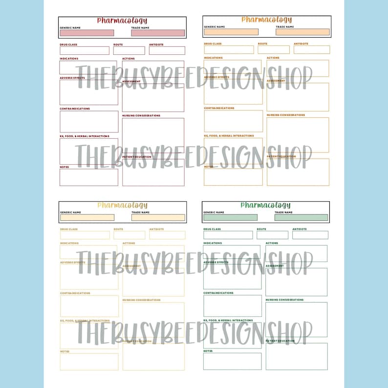May include: Four printable pharmacology study sheets with sections for generic name, trade name, drug class, route, actions, adverse effects, contraindications, nursing considerations, food and herbal interactions, and patient education. The sheets are color-coded with red, orange, yellow, and green.
