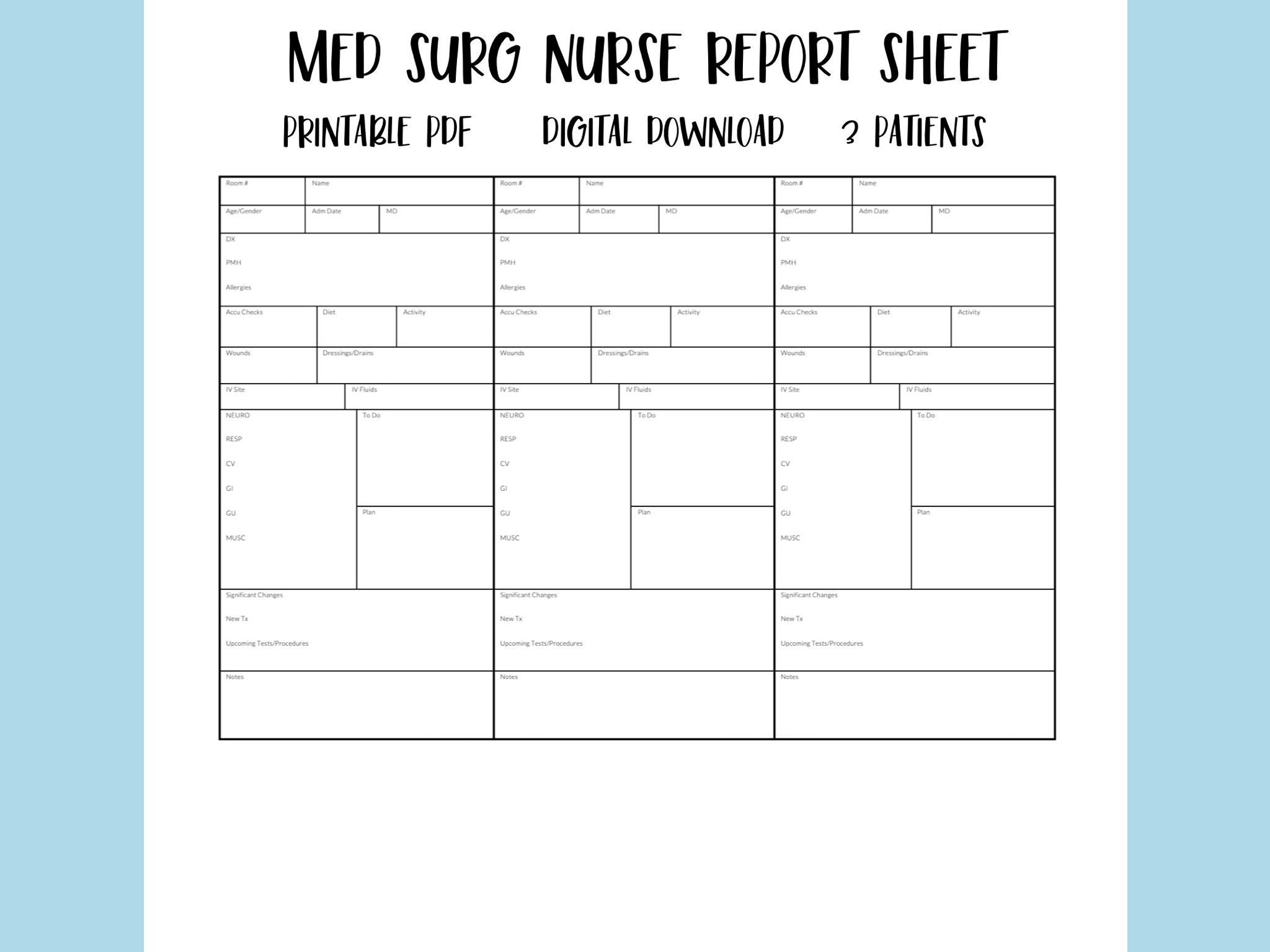 Printable Med Surg Nurse Report Sheet 3 Patient Nurse Brain - Etsy
