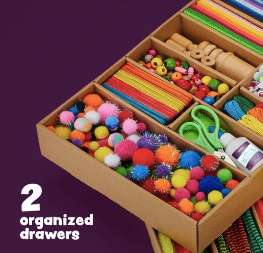 Arts & Crafts Supplies Kit with Storage Bin - Crafting Materials Box Kits  for School or Gift Ages 3 to 8 