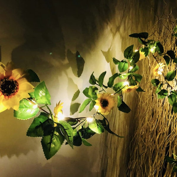 20 LED Artificial Sunflower Garland String Lights, 6.56ft Silk Sunflower Vines with 9 Flower Heads Battery Powered Fairy String Lights for