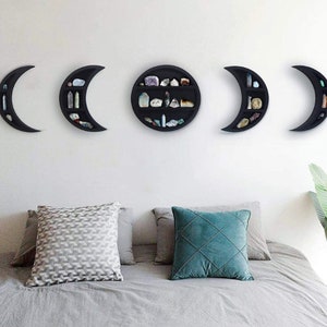 Large 12.2" Moon Phase Shelf Set (5 PCS) - Moon Shelf Set Moon Decor Crystal Display Shelf  Boho Shelf Wall Decor Black Wooden Crescent