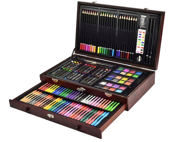 145 Piece Deluxe Art Set, Wooden Art Box & Drawing Kit Crayons, Oil  Pastels, Pencils, Watercolor, Sketch Paint Brush Color Chart cherry 