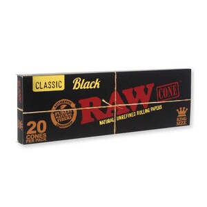 May include: A pack of 20 RAW Black Classic King Size Cone rolling papers. The pack is black with gold text and a red RAW logo. The text on the pack reads "Classic Black RAW Cone Natural Unrefined Rolling Papers King Size".