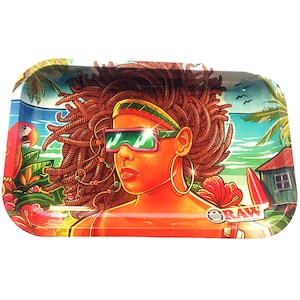 May include: Rectangular metal rolling tray with a vibrant illustration of a woman with dreadlocks wearing sunglasses. The tray features a tropical beach scene with a parrot, palm trees, and the RAW logo.