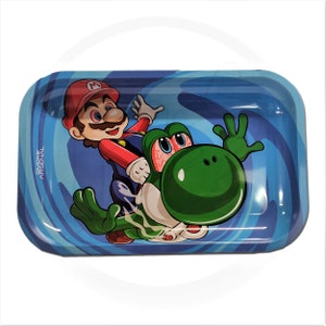 May include: A blue metal rolling tray with a swirling pattern. The tray features a cartoon image of Mario riding Yoshi, both with red, bloodshot eyes. The text "SMOKE ARSENAL" is printed on the tray.