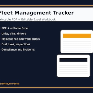 May include: Fleet Management Tracker digital document set featuring a printable PDF and editable Excel workbook. The layout includes a list of tracking categories like units, VINs, drivers, maintenance, work orders, fuel, tires, inspections, compliance, and incidents.