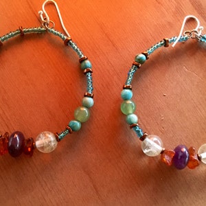 Turquoise and Red glass seed beads  Hoop Earrings