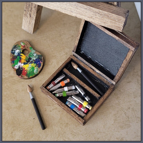 Hand Painted Miniature Art Set - 1:12 Scale Dollhouse Artist Tool Case - 1 Box,  8 Paint Tubes, 1 Palette, 2 Brushes