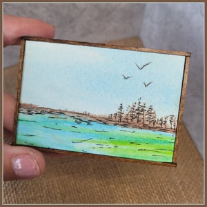 Miniature Watercolor Painting - Original Beach Woods Landscape - Tiny Pocket Art / Dollhouse Decor - Small Framed Artwork 3in x 2in