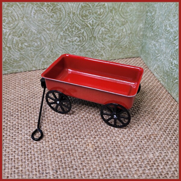 Miniature Red Metal Wagon - Vintage Style Dollhouse Accessory or Fairy Garden Display - 1:12 Scale