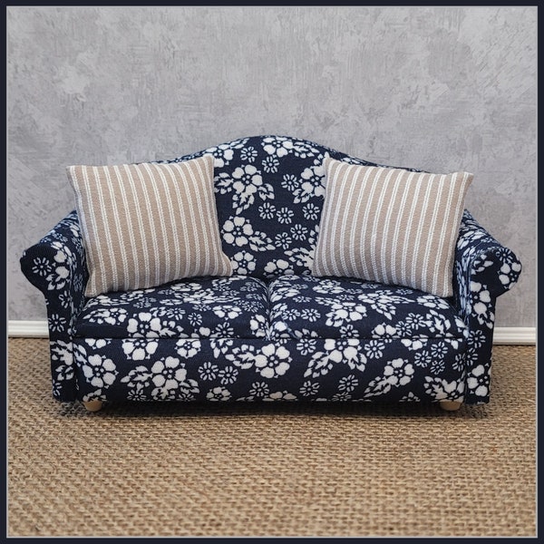 Miniature Dollhouse Sofa - Classic Couch with Modern Blue and White Floral Pattern - Tiny Farmhouse Home Decor - 1:12 Scale