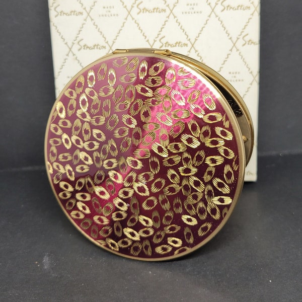 Stratton Convertible Powder Compact Raspberry Enamel Gold Diamond Cut Decoration, Boxed & Complete