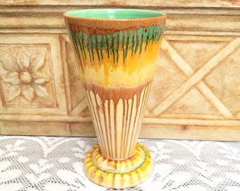 Art Deco Shelley Harmony Drip Glaze Conical Vase, c1930s, Orange Yellow Green