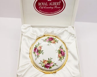 Royal Albert Old Country Roses Powder Compact, Gold Plated Porcelain, Complete & Boxed