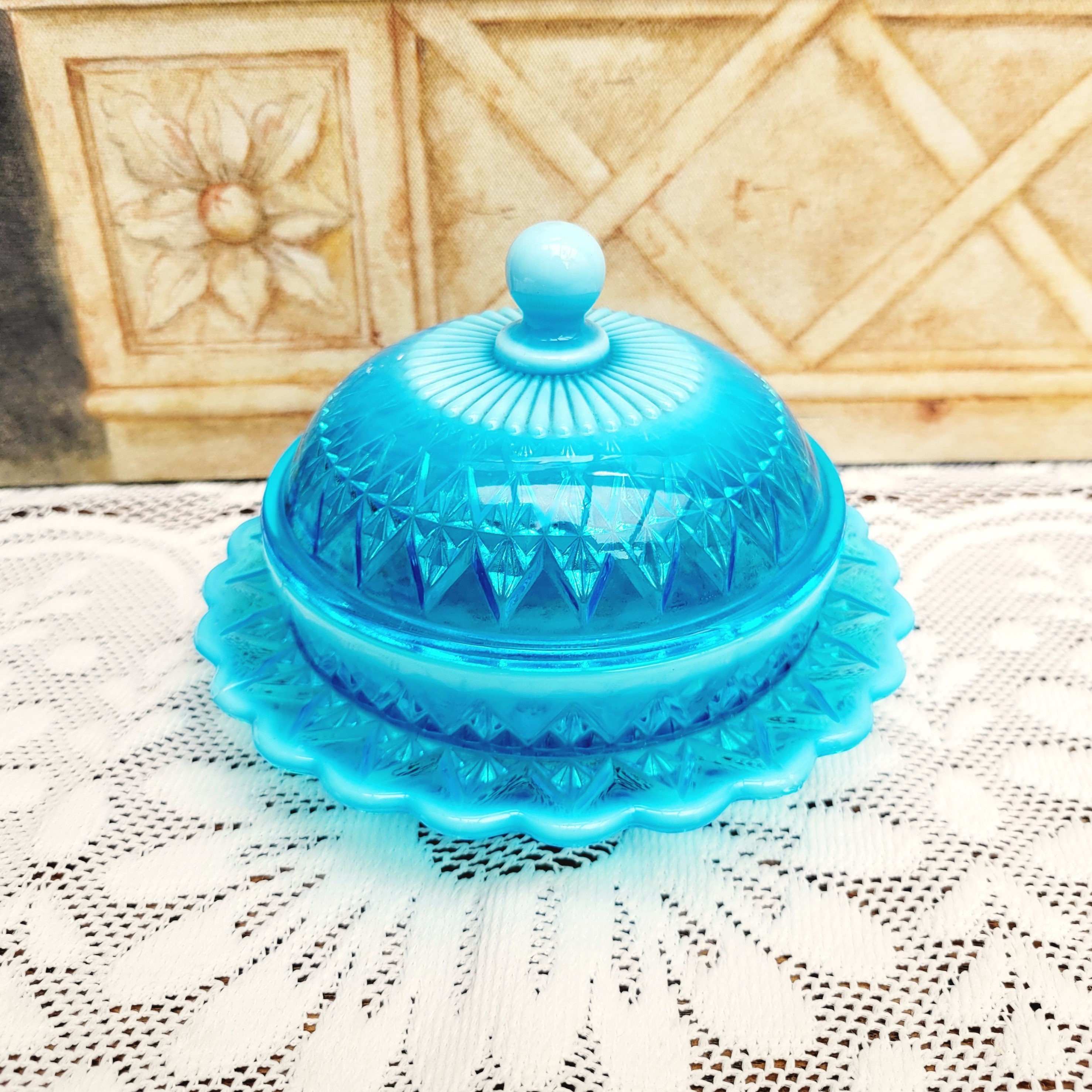 Victorian Blue Pearline Glass Butter Dish, Glass Muffin Dish 