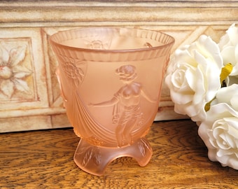 Art Deco Pink Frosted Glass Flower Pot, Cache Pot, Footed Jardiniere, Lady Relief Flowers & Swags