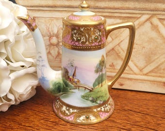 Antique Noritake Porcelain Pink Jewelled Coffee Pot, Hand painted Tranquil River Scene c1920s