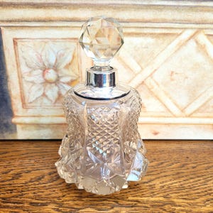 Antique Edwardian Large English Cologne Perfume Bottle, Cut Glass & Sterling Silver Collar 1909