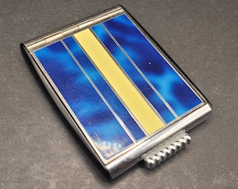 Art Deco Princess Brand Powder Compact, Blue Marble Enamel & Chrome, Made in Japan