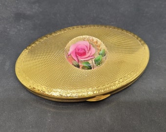 Oval Powder Compact, Pink Rose Lucite, Goldtone Engine Turned, Kingu of London