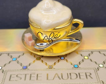 Kompaktowe perfumy Estee Lauder w kostce, piękny kubek do kawy Cafe, nieużywane i w pudełku