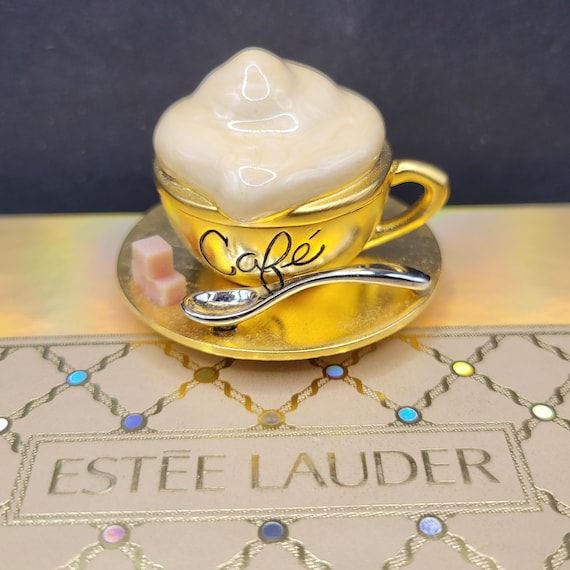 Estee Lauder Solid Perfume Compact, Beautiful Cafe Coffee cup Unused & Boxed